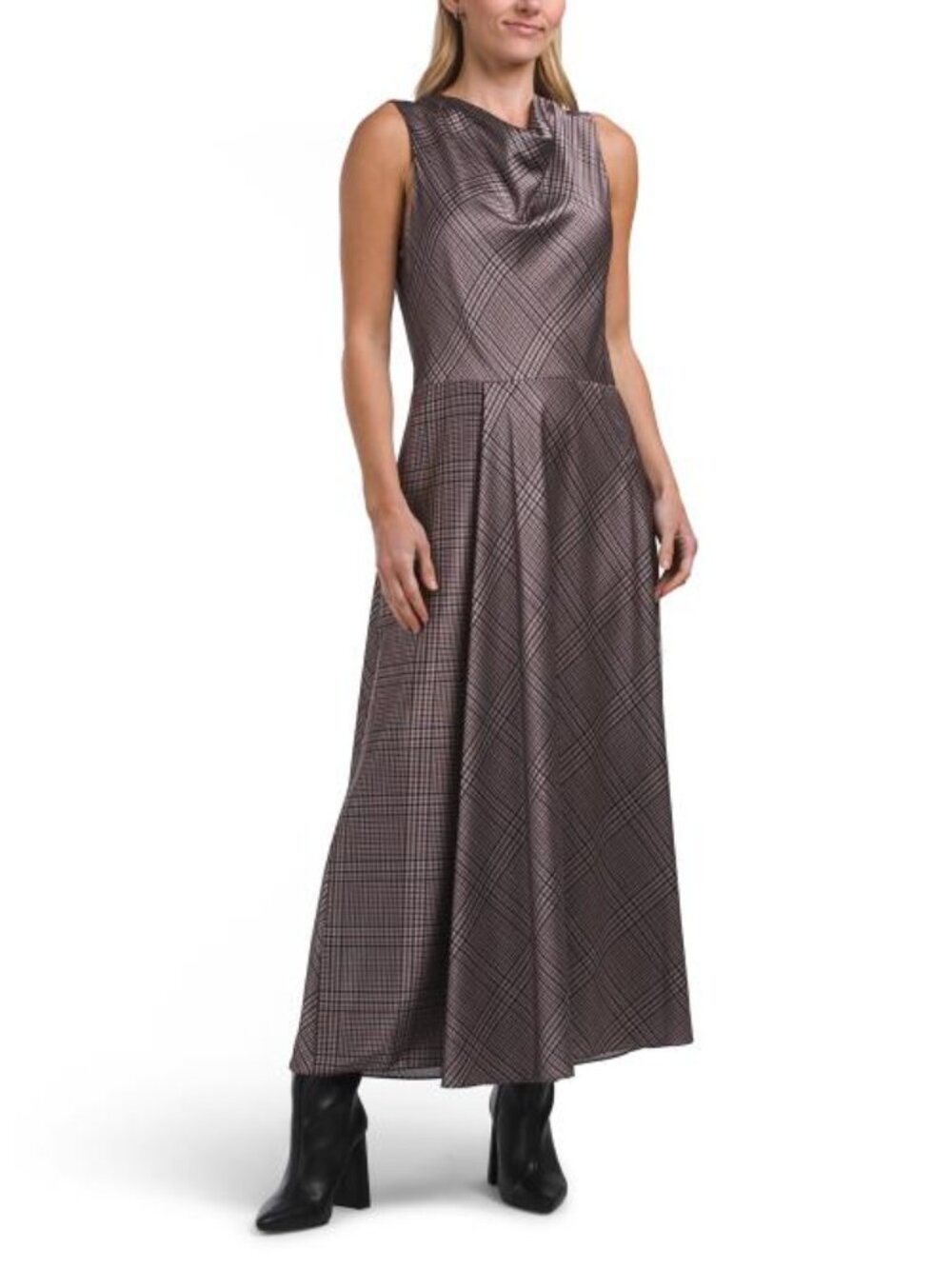 VINCE Pressed Plaid Cowl Neck Dress - Picture 1 of 4